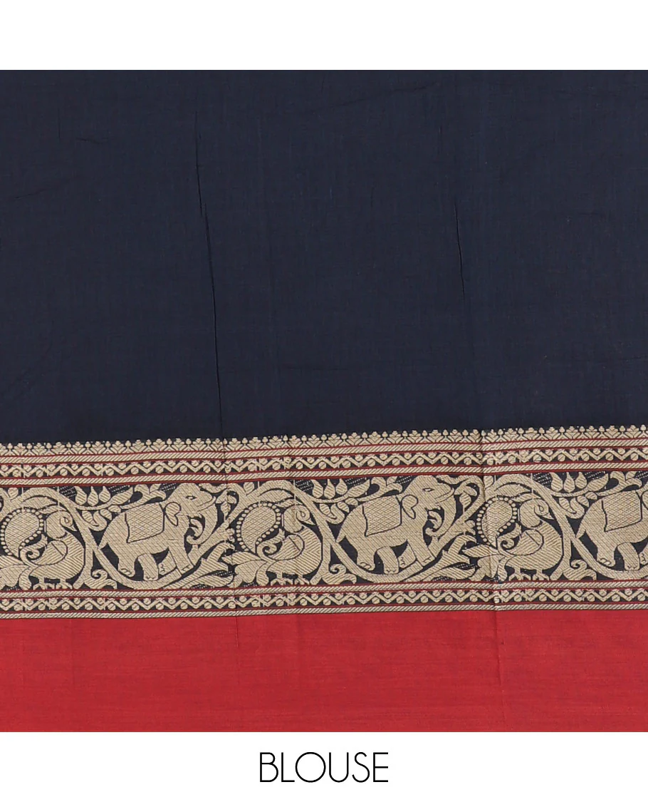 Navy blue plain mercerised cotton saree, contrast traditional border of peacock, and elephant motifs, striped pallu, and a matching blouse - Image 4