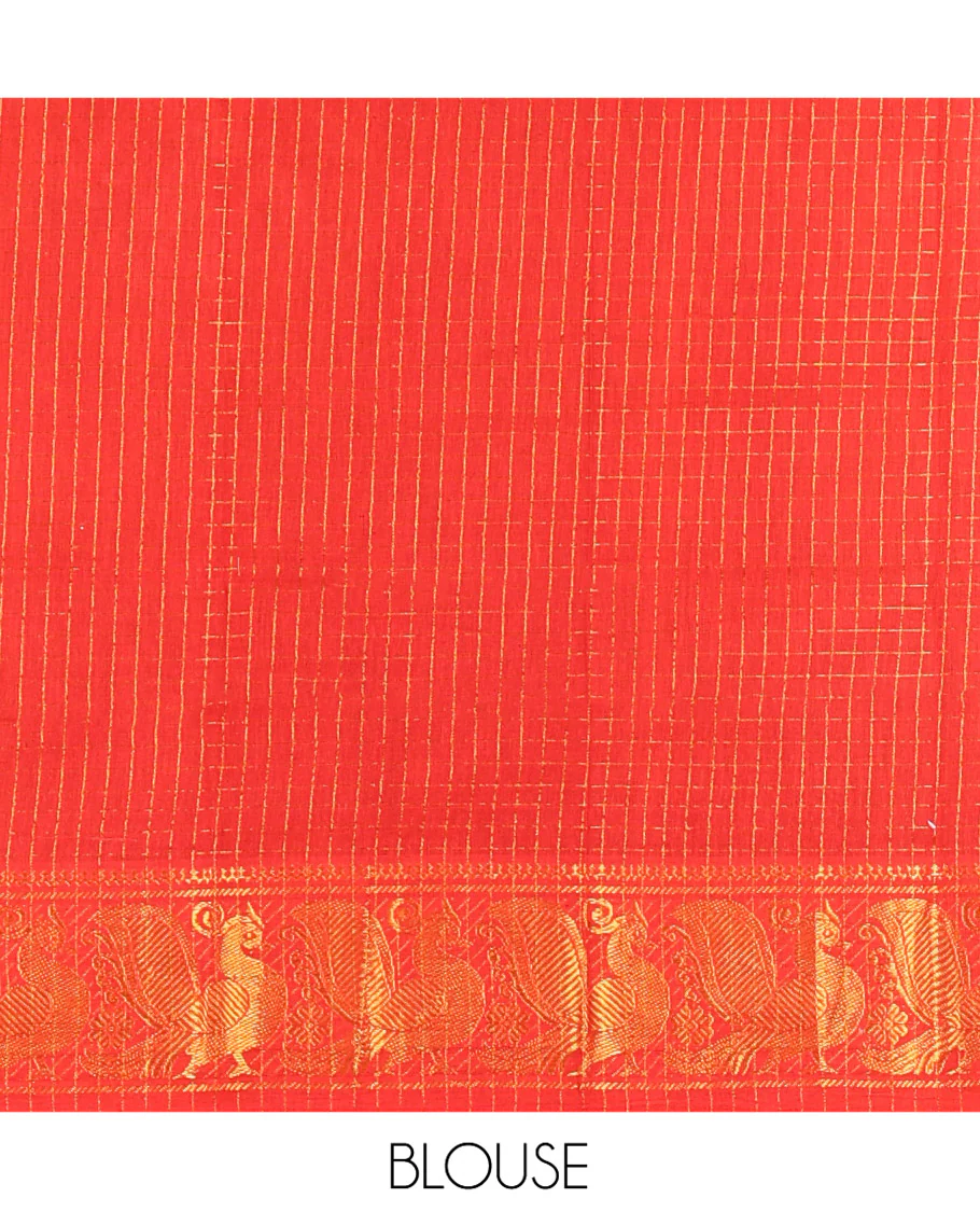 Navy Blue Plain Sungudi Cotton Saree, Highlighted by Traditional Zari Border of Peacock and Floral Creeper Designs, Subtly Striped Pallu, and Paired with a Contrast Blouse - Image 3