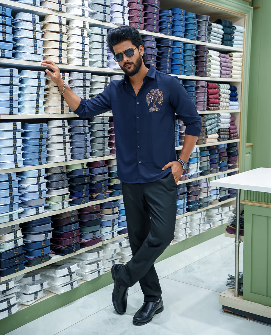 Navy Blue Poly Blended Party Wear Shirt, Embellished with Tree-Motif Embroidery, Featuring a Spread Collar, Full Sleeves, Slim Fit, and Regular Length - Image 2