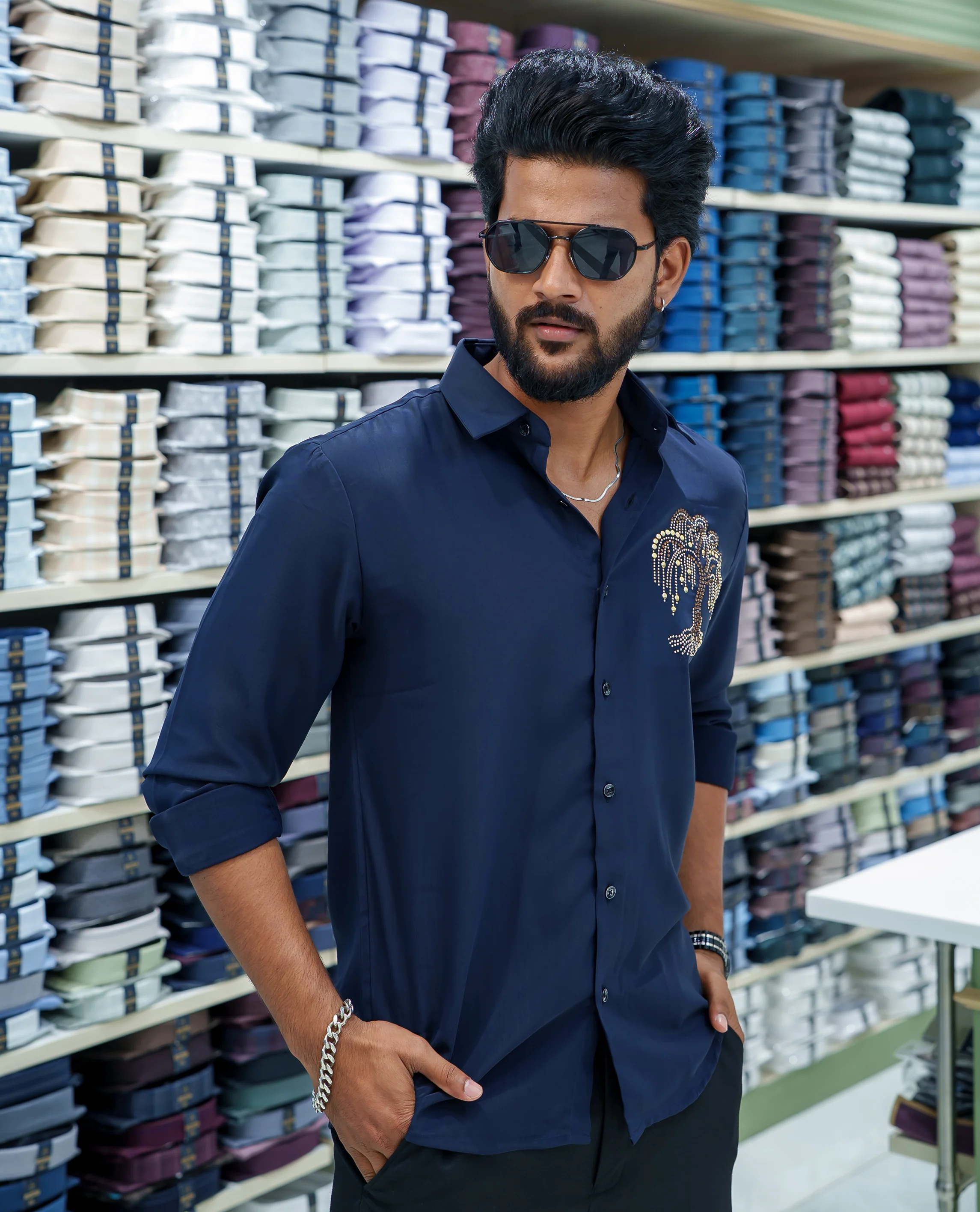 Navy Blue Poly Blended Party Wear Shirt, Embellished with Tree-Motif Embroidery, Featuring a Spread Collar, Full Sleeves, Slim Fit, and Regular Length - Image 3