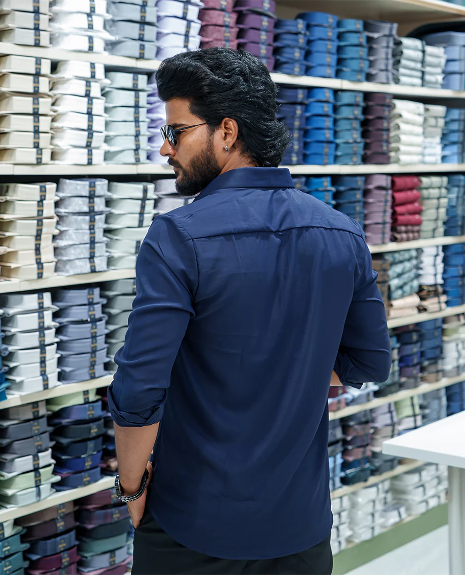 Navy Blue Poly Blended Party Wear Shirt, Embellished with Tree-Motif Embroidery, Featuring a Spread Collar, Full Sleeves, Slim Fit, and Regular Length - Image 4
