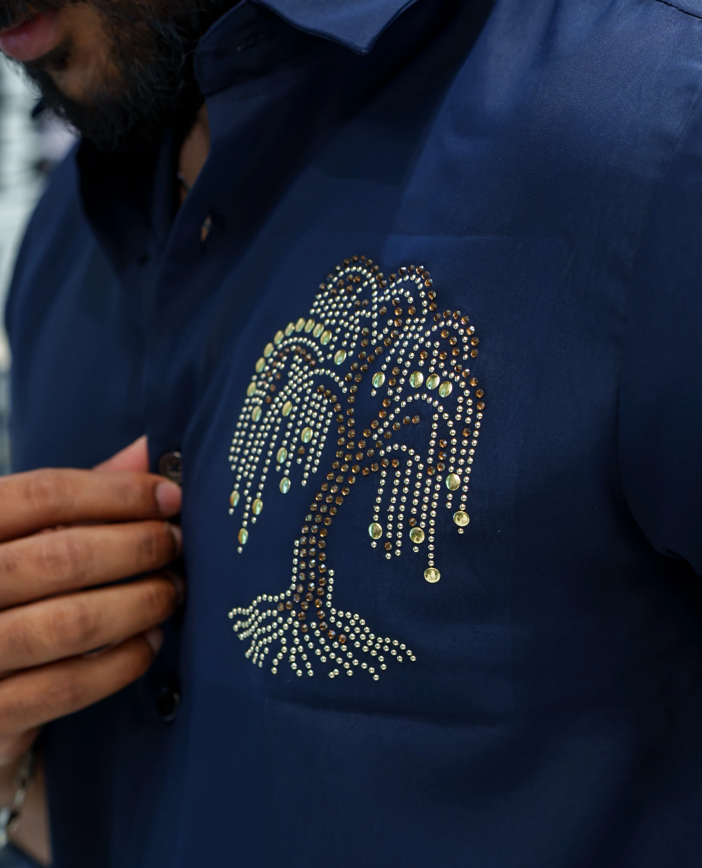 Navy Blue Poly Blended Party Wear Shirt, Embellished with Tree-Motif Embroidery, Featuring a Spread Collar, Full Sleeves, Slim Fit, and Regular Length - Image 5
