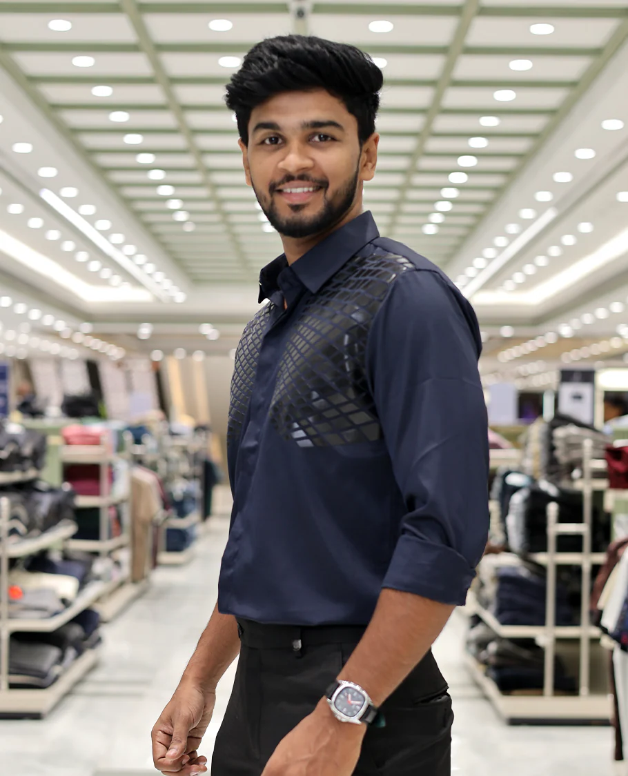 Navy Blue Poly-Blended Party Wear Shirt, Features Geometric Flock Print, Full Sleeves, Spread Collar, Slim Fit, and Regular Length - Image 2