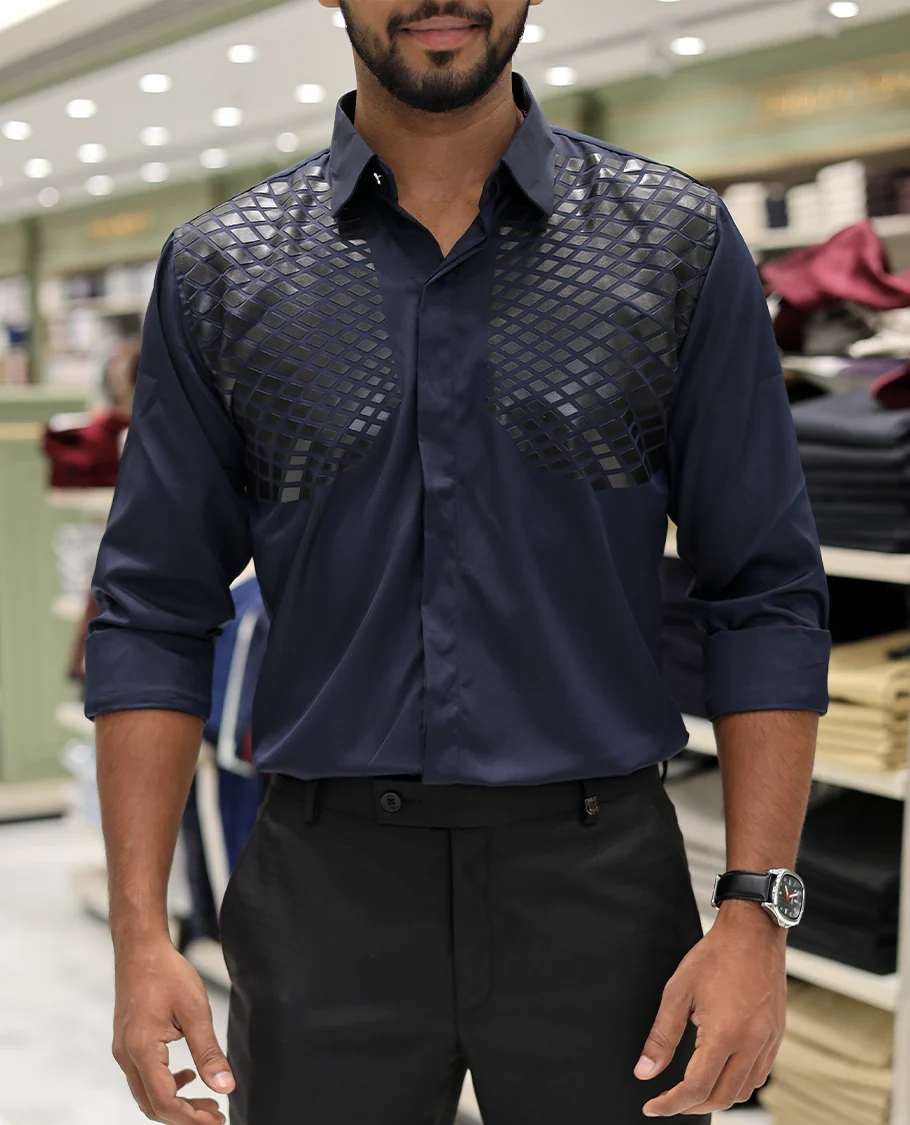 Navy Blue Poly-Blended Party Wear Shirt, Features Geometric Flock Print, Full Sleeves, Spread Collar, Slim Fit, and Regular Length - Image 5