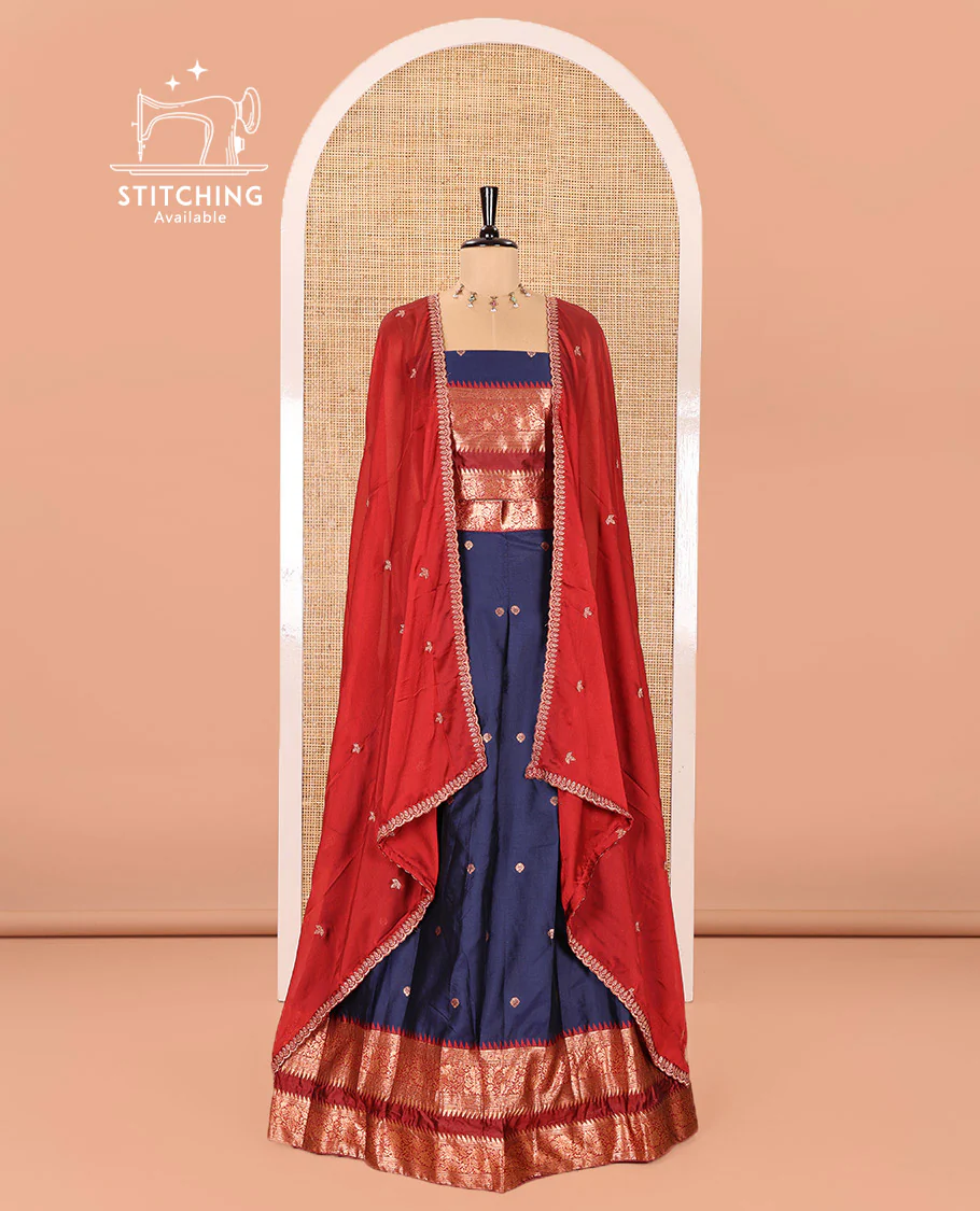 Navy Blue-Red Semi-Banarasi Half-Saree Adorned with Zari Buttas on Its Skirt, Complemented by a Contrast Traditional Zari Temple Rettai Pettu Border, Paired with a Matching Blouse, and a Satin Georgette Embroidered Scallop Dhavani - Image 2
