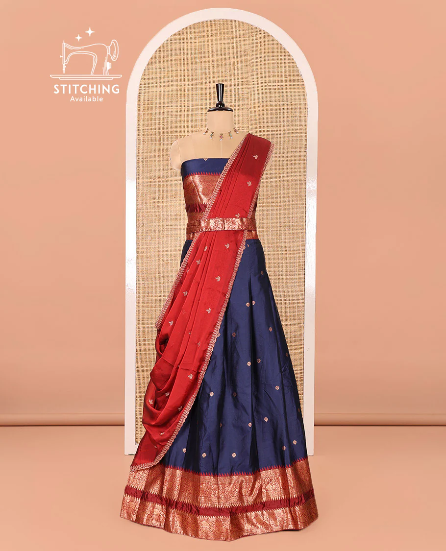 Navy Blue-Red Semi-Banarasi Half-Saree Adorned with Zari Buttas on Its Skirt, Complemented by a Contrast Traditional Zari Temple Rettai Pettu Border, Paired with a Matching Blouse, and a Satin Georgette Embroidered Scallop Dhavani - Image 3