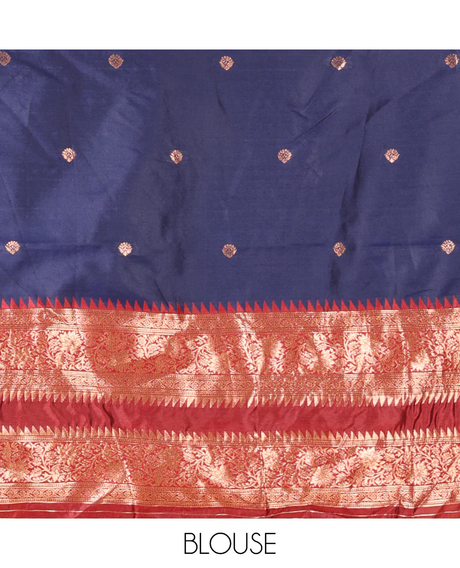 Navy Blue-Red Semi-Banarasi Half-Saree Adorned with Zari Buttas on Its Skirt, Complemented by a Contrast Traditional Zari Temple Rettai Pettu Border, Paired with a Matching Blouse, and a Satin Georgette Embroidered Scallop Dhavani - Image 4