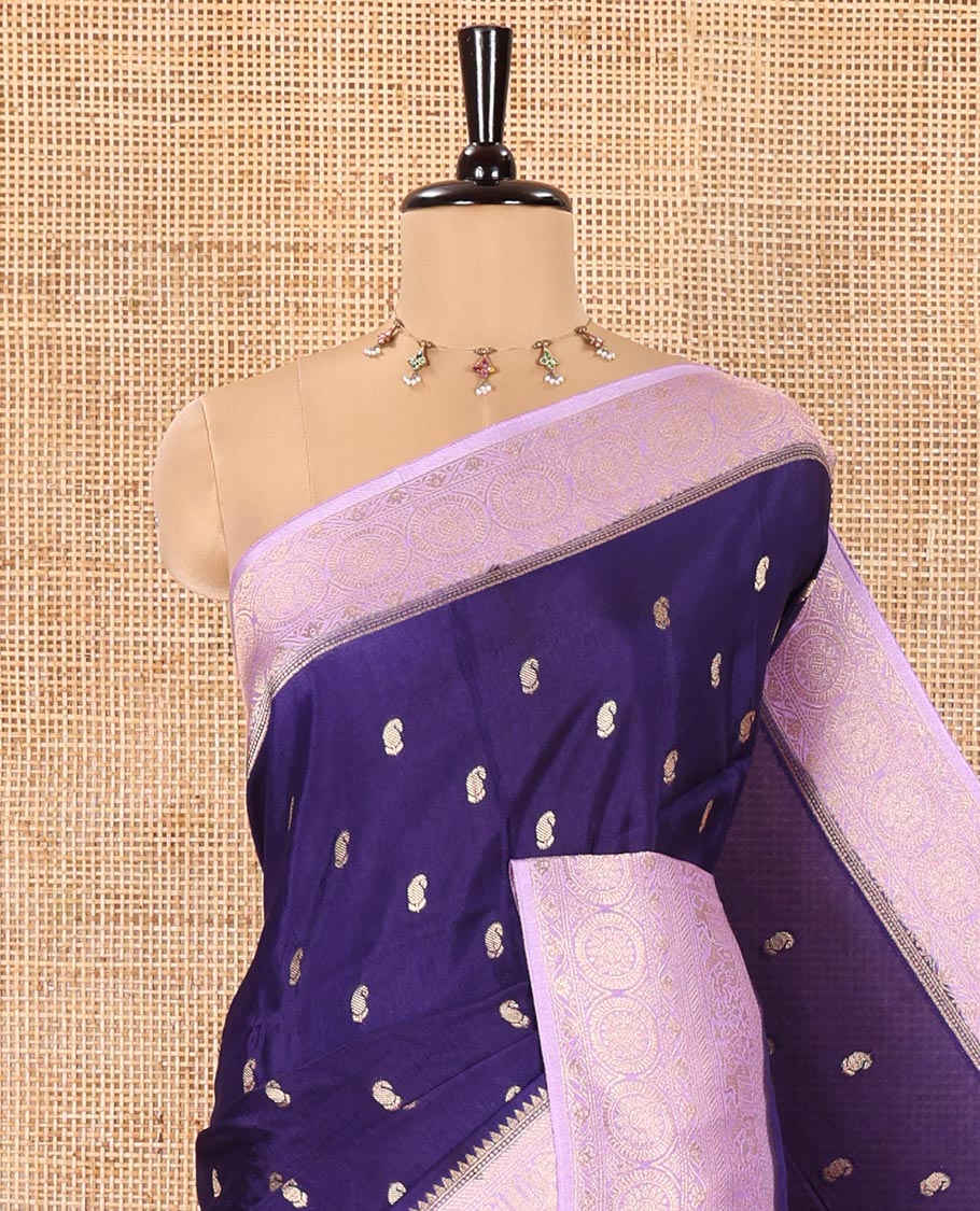 Navy Blue Russian Dola Silk Saree, Elevated with Paisley Buttas All Over Its Body, Complemented by a Contrast Traditional Zari Design Border, Pallu of Floral Jaal Designs, and Paired with a Contrast Blouse - Image 2