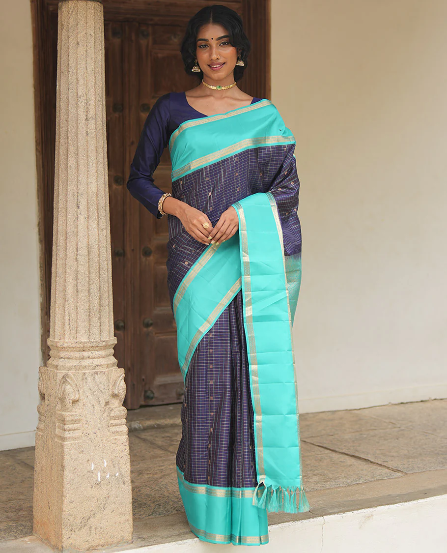 Navy Blue-Sapphire Blue Vasundhara Silk Saree Features Zari Butta and Checks, Contrast Rettai Pettu Border, Jaal Pallu, and a Contrast Blouse