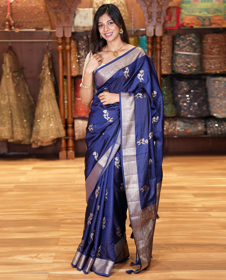Navy Blue Semi-Banaras Satin Silk Saree, Dazzled with Floral Zari Buttas Across Its Body, Highlighted by Traditional Zari Design Border, Grand Zari Woven Palu of Jaal Designs, and Paired with a Matching Blouse - Image 2