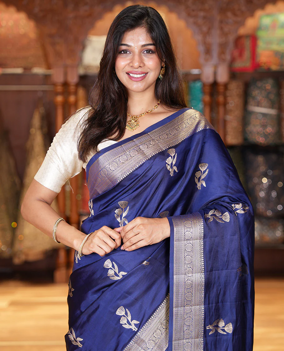 Navy Blue Semi-Banaras Satin Silk Saree, Dazzled with Floral Zari Buttas Across Its Body, Highlighted by Traditional Zari Design Border, Grand Zari Woven Palu of Jaal Designs, and Paired with a Matching Blouse - Image 3