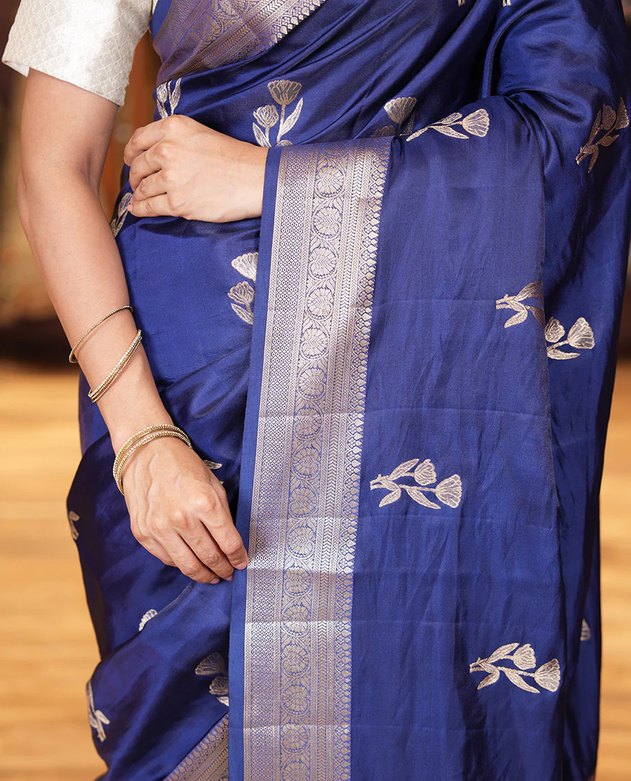 Navy Blue Semi-Banaras Satin Silk Saree, Dazzled with Floral Zari Buttas Across Its Body, Highlighted by Traditional Zari Design Border, Grand Zari Woven Palu of Jaal Designs, and Paired with a Matching Blouse - Image 4