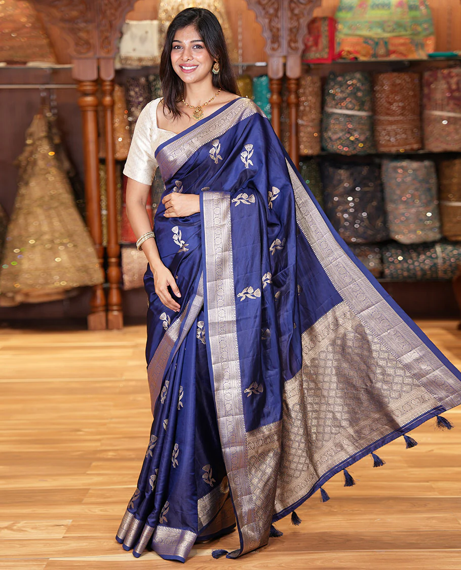 Navy Blue Semi-Banaras Satin Silk Saree, Dazzled with Floral Zari Buttas Across Its Body, Highlighted by Traditional Zari Design Border, Grand Zari Woven Palu of Jaal Designs, and Paired with a Matching Blouse - Image 5