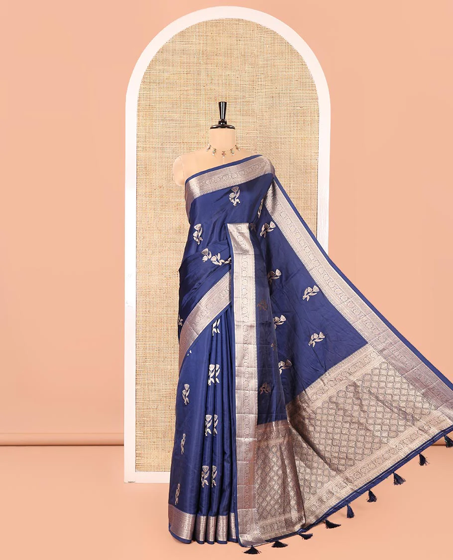 Navy Blue Semi-Banaras Satin Silk Saree, Dazzled with Floral Zari Buttas Across Its Body, Highlighted by Traditional Zari Design Border, Grand Zari Woven Palu of Jaal Designs, and Paired with a Matching Blouse - Image 6