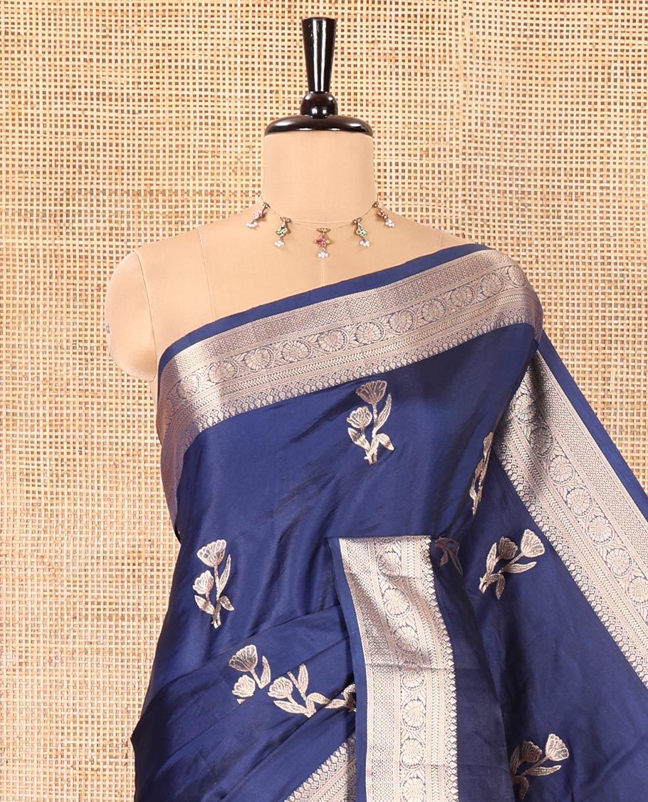 Navy Blue Semi-Banaras Satin Silk Saree, Dazzled with Floral Zari Buttas Across Its Body, Highlighted by Traditional Zari Design Border, Grand Zari Woven Palu of Jaal Designs, and Paired with a Matching Blouse - Image 7