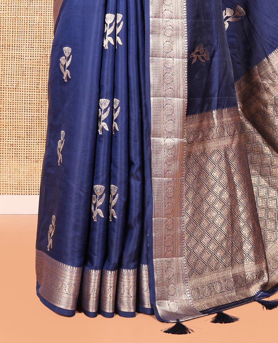 Navy Blue Semi-Banaras Satin Silk Saree, Dazzled with Floral Zari Buttas Across Its Body, Highlighted by Traditional Zari Design Border, Grand Zari Woven Palu of Jaal Designs, and Paired with a Matching Blouse - Image 8