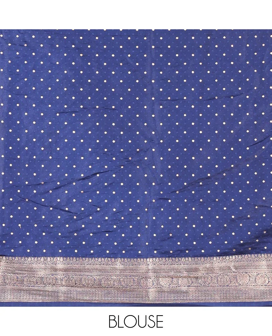 Navy Blue Semi-Banaras Satin Silk Saree, Dazzled with Floral Zari Buttas Across Its Body, Highlighted by Traditional Zari Design Border, Grand Zari Woven Palu of Jaal Designs, and Paired with a Matching Blouse - Image 9