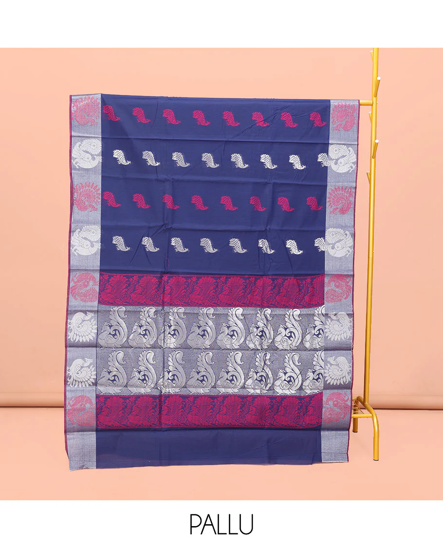 Navy Blue Semi-Silk Cotton Saree, Beautifully Detailed with Peacock Buttas on Its Body, Highlighted by Peacock Border, Pallu Steeped with Peacock Designs, and Paired with a Matching Blouse - Image 3