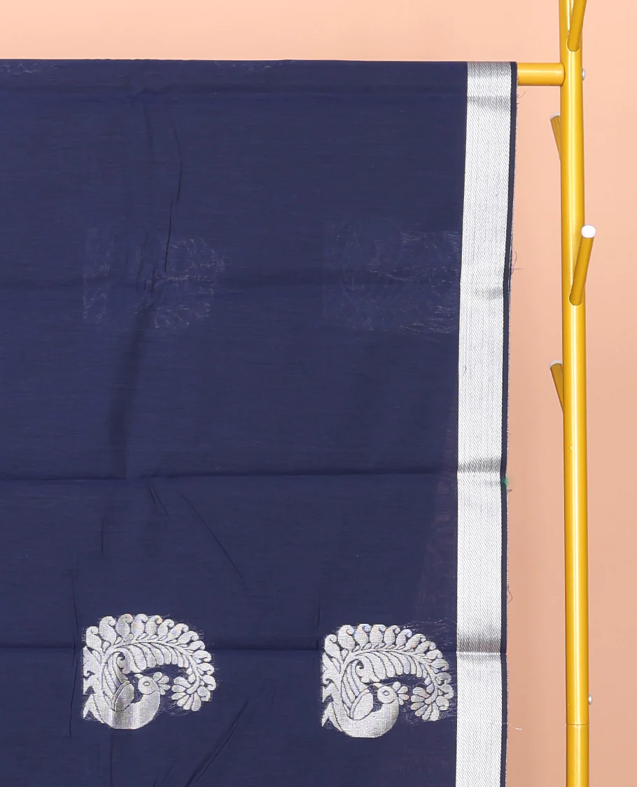 Navy Blue Semi-Silk Cotton Saree, Decked Up with Peacock Buttas All Over Its Body, Highlighted by a Zari Border, Pallu Artfully Woven with Peacock Designs, and Paired with a Matching Blouse - Image 2