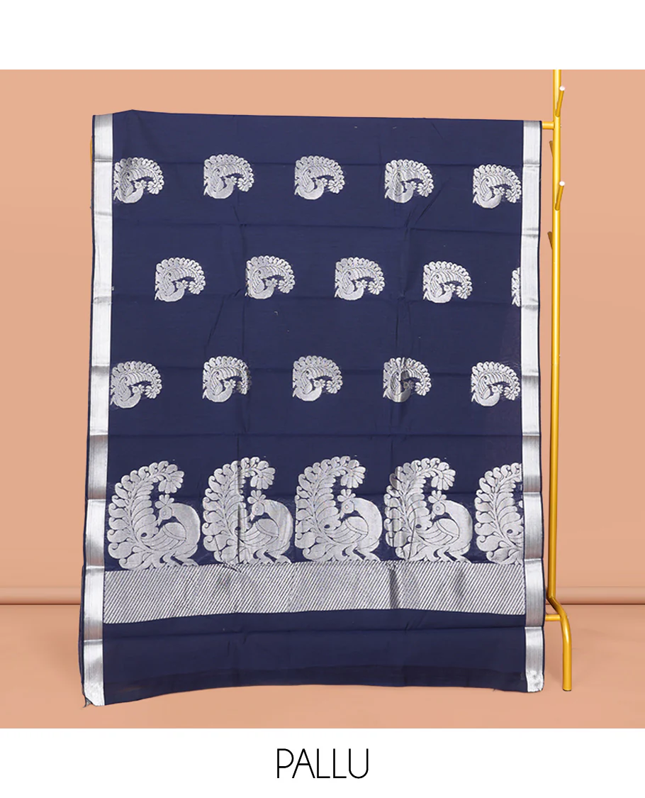 Navy Blue Semi-Silk Cotton Saree, Decked Up with Peacock Buttas All Over Its Body, Highlighted by a Zari Border, Pallu Artfully Woven with Peacock Designs, and Paired with a Matching Blouse - Image 3