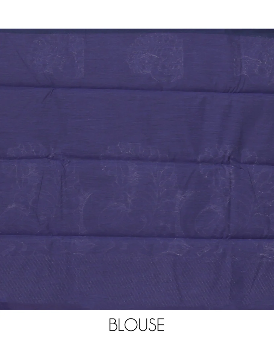 Navy Blue Semi-Silk Cotton Saree, Decked Up with Peacock Buttas All Over Its Body, Highlighted by a Zari Border, Pallu Artfully Woven with Peacock Designs, and Paired with a Matching Blouse - Image 4