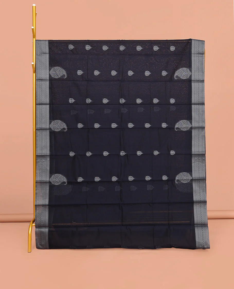 Navy Blue Semi-Silk Cotton Saree, Delicately Designed with Buttas All Over Its Body, Traditional Design Border of Paisleys, Geometric-Patterned Pallu, and Paired with a Matching Blouse
