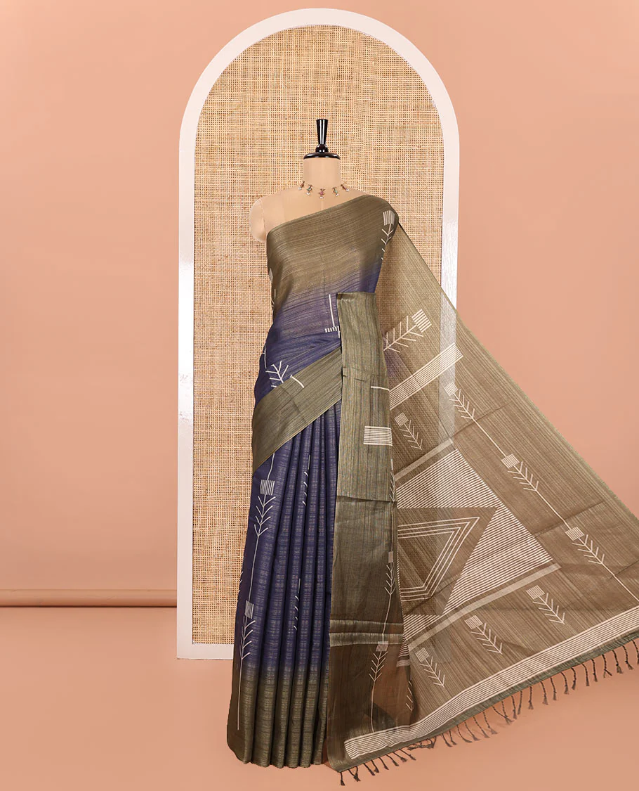 Navy Blue Tissue Saree, Prettified with Horizontal Stripes and Unique Motifs Printed All Over Its Body, Complemented by Contrast Printed Border, Pallu Depicts Geometric Patterns, and Paired with a Contrast Geometric Printed Blouse