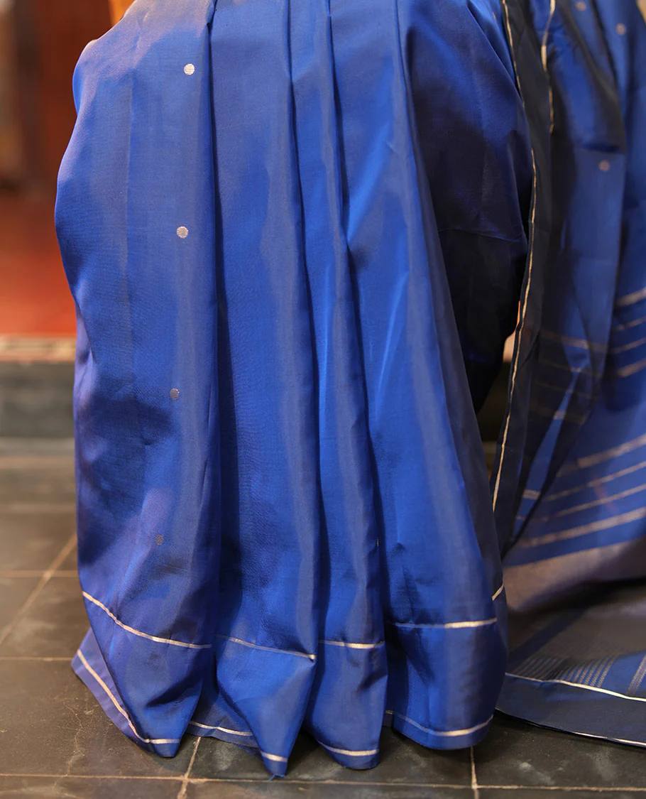 Navy Blue Vasundhara Lite Silk Saree, Subtly Sparkled with Paisa Zari Buttas Across Its Body, Highlighted Zari Border of Horizontal Stripes, Gleaming Pallu of Seppu Rekku Designs, and Paired with a Matching Blouse - Image 9