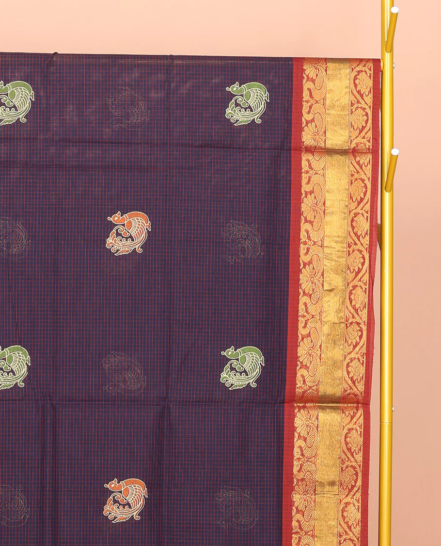 Navy Blue Venkatagiri Cotton Saree, Ornamented with Peacock Buttas and Checks, a Contrast Traditional Zari Border, Pallu of Stripes, and No Blouse - Image 2