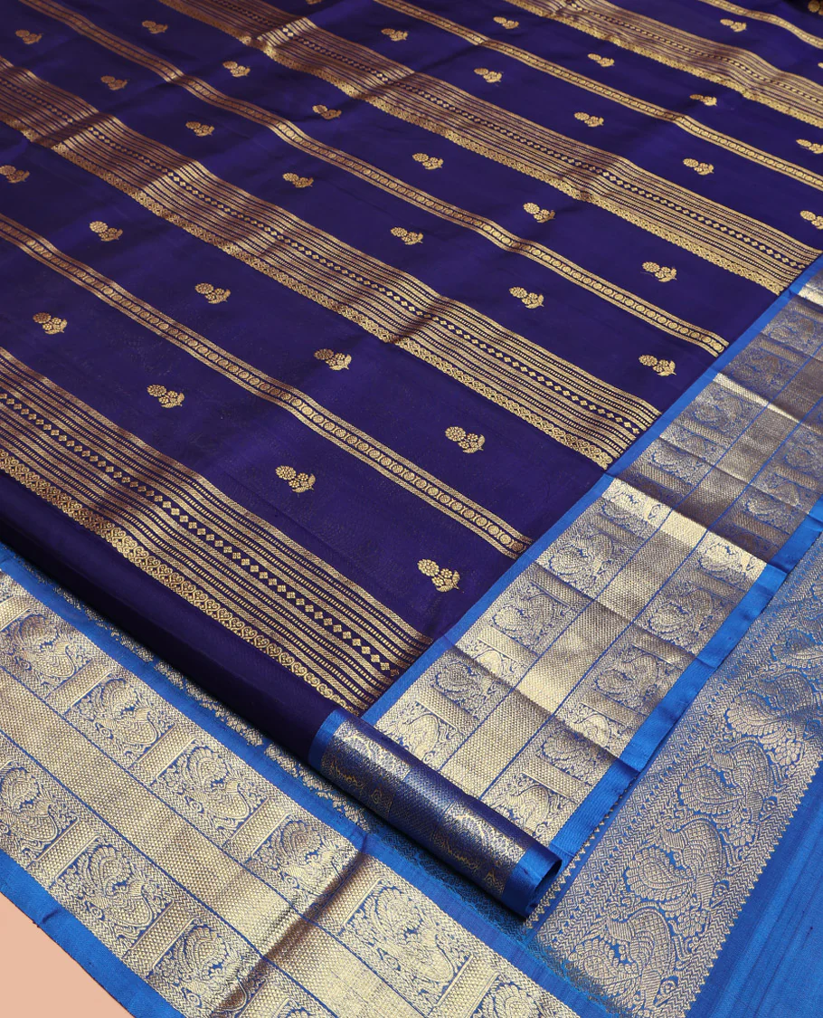 Navy Blue Venkatagiri Silk Saree, Detailed with Zari Designs All Over Its Body, Complemented by a Contrast Traditional Zari Border of Peacock Designs, Pallu of Peacock Designs, and Paired with a Contrast Blouse - Image 2