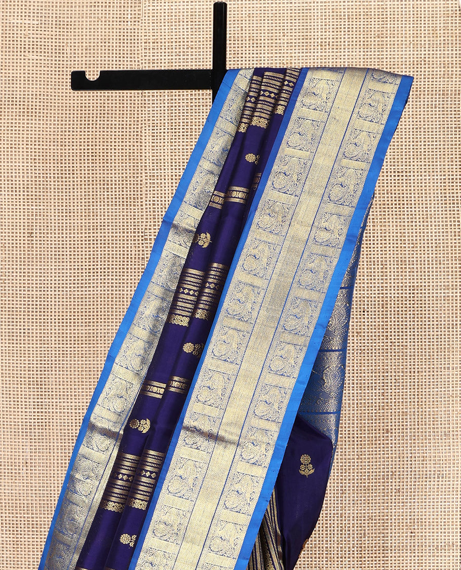 Navy Blue Venkatagiri Silk Saree, Detailed with Zari Designs All Over Its Body, Complemented by a Contrast Traditional Zari Border of Peacock Designs, Pallu of Peacock Designs, and Paired with a Contrast Blouse - Image 3