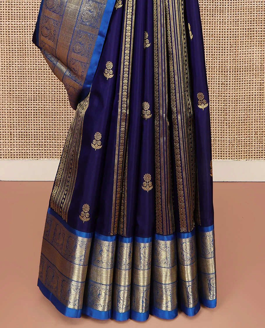 Navy Blue Venkatagiri Silk Saree, Detailed with Zari Designs All Over Its Body, Complemented by a Contrast Traditional Zari Border of Peacock Designs, Pallu of Peacock Designs, and Paired with a Contrast Blouse - Image 4