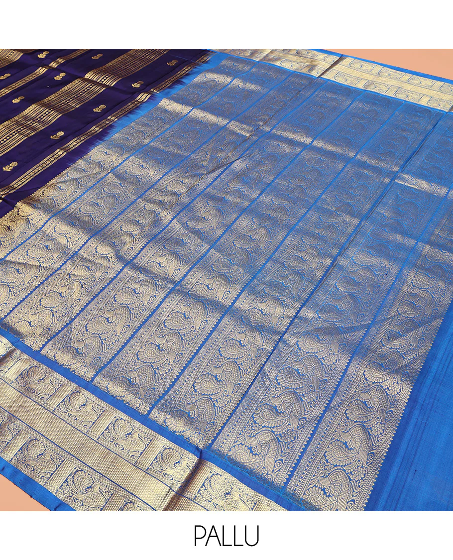 Navy Blue Venkatagiri Silk Saree, Detailed with Zari Designs All Over Its Body, Complemented by a Contrast Traditional Zari Border of Peacock Designs, Pallu of Peacock Designs, and Paired with a Contrast Blouse - Image 5