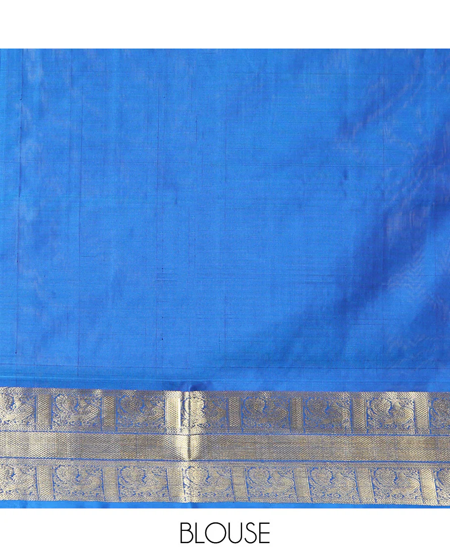 Navy Blue Venkatagiri Silk Saree, Detailed with Zari Designs All Over Its Body, Complemented by a Contrast Traditional Zari Border of Peacock Designs, Pallu of Peacock Designs, and Paired with a Contrast Blouse - Image 6