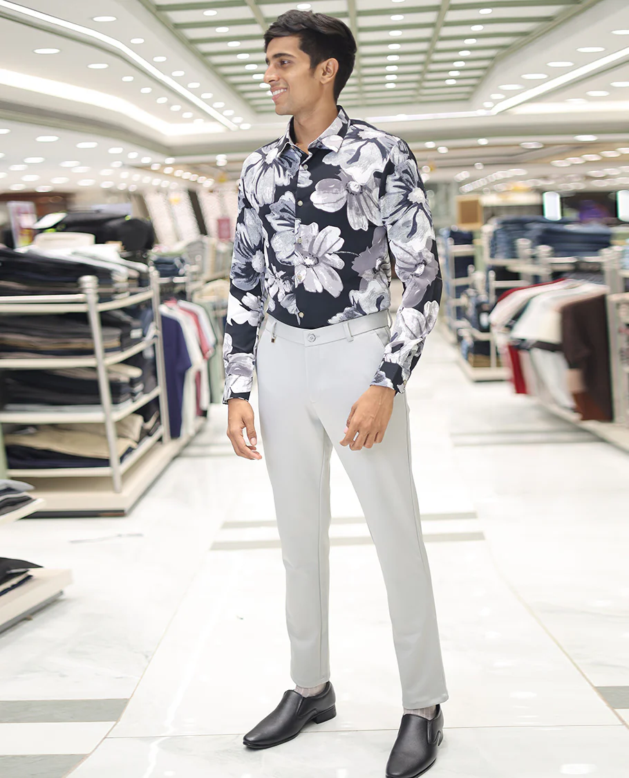 Navy Cotton Blended Casual Shirt, Adorned with Vibrant Tropical Floral Prints, a Spread Collar, Full Sleeves, Slim Fit, and Regular Length - Image 2