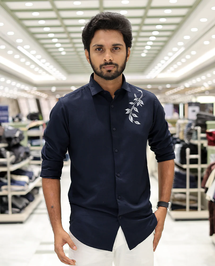 Navy Cotton-Blended Party Wear Shirt, Comes with Floral Print, Full Sleeves, a Spread Collar, a Slim Fit, and Regular Length