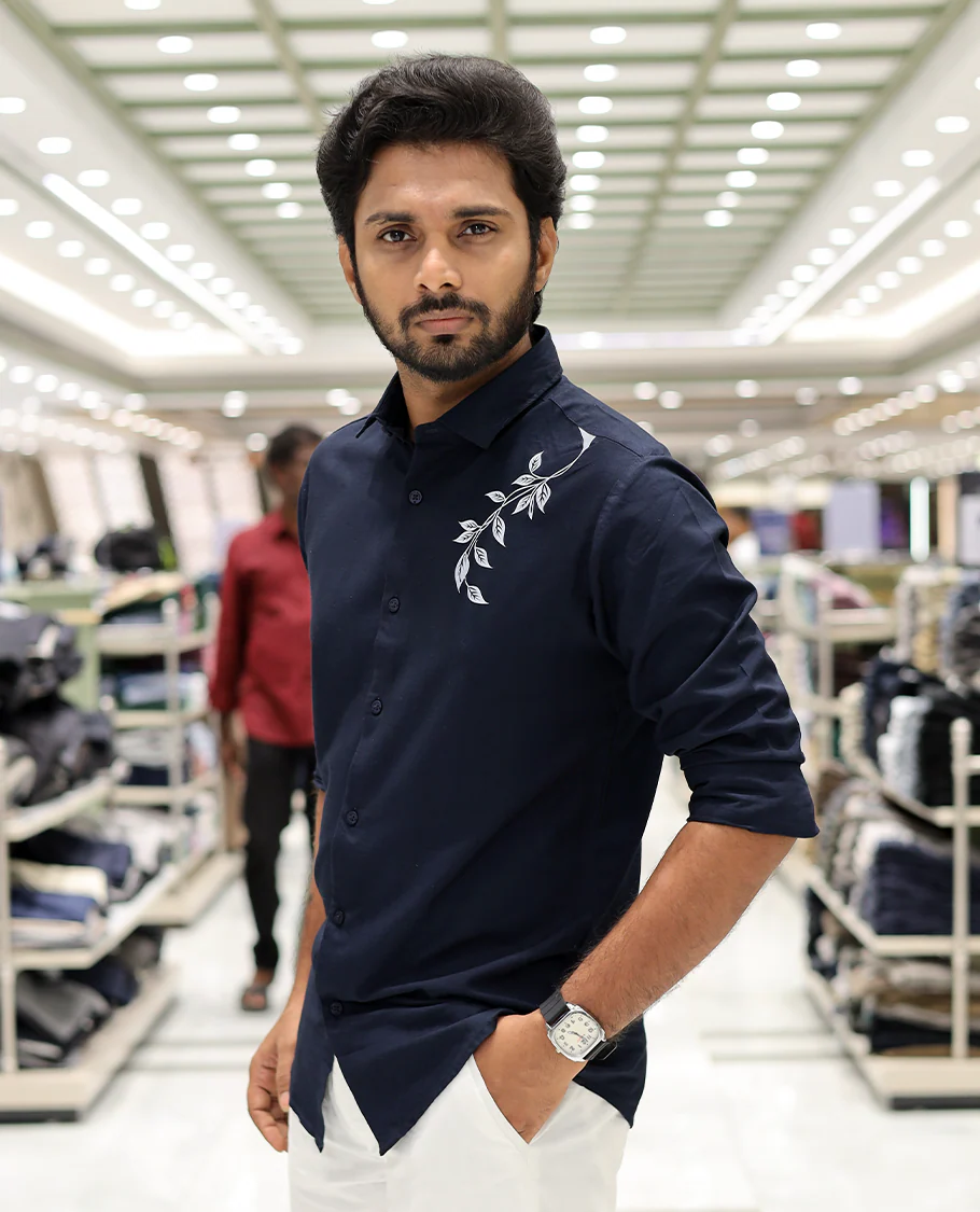 Navy Cotton-Blended Party Wear Shirt, Comes with Floral Print, Full Sleeves, a Spread Collar, a Slim Fit, and Regular Length - Image 2