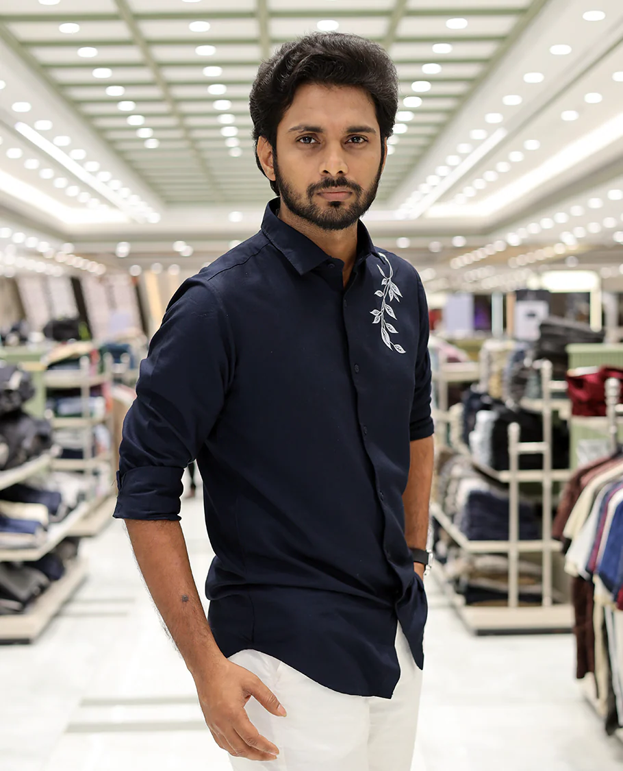 Navy Cotton-Blended Party Wear Shirt, Comes with Floral Print, Full Sleeves, a Spread Collar, a Slim Fit, and Regular Length - Image 3