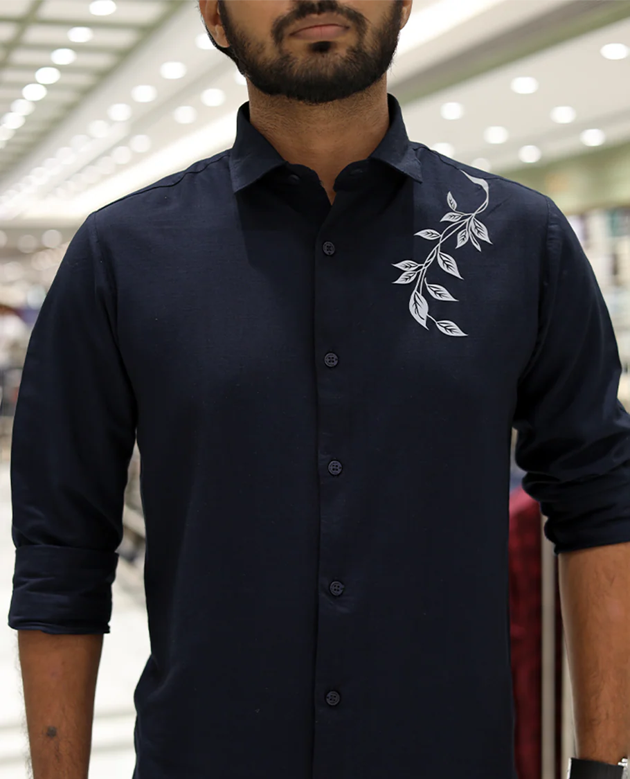 Navy Cotton-Blended Party Wear Shirt, Comes with Floral Print, Full Sleeves, a Spread Collar, a Slim Fit, and Regular Length - Image 5