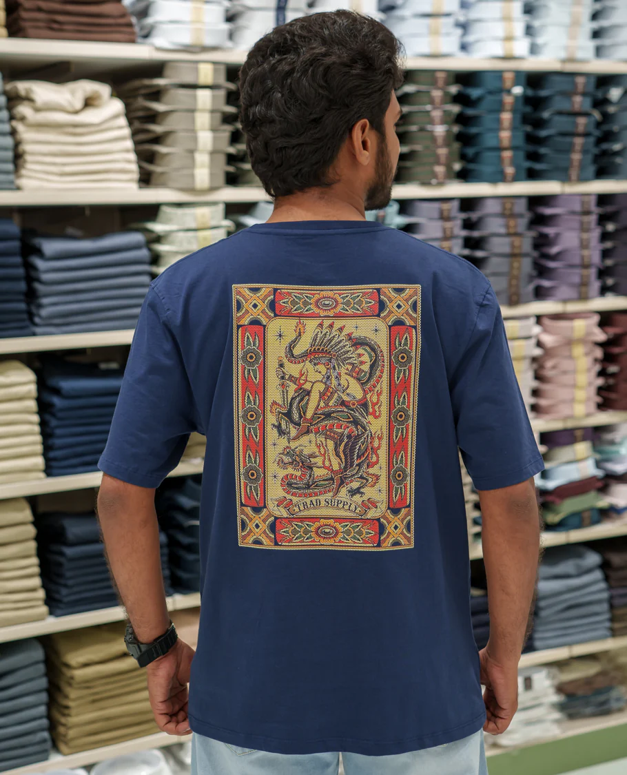 Navy Cotton-Blended T-Shirt Comes with an Tribe-Motifs Back Print, Crew Neck, Half Sleeves, Oversized Fit, and Regular Length - Image 2