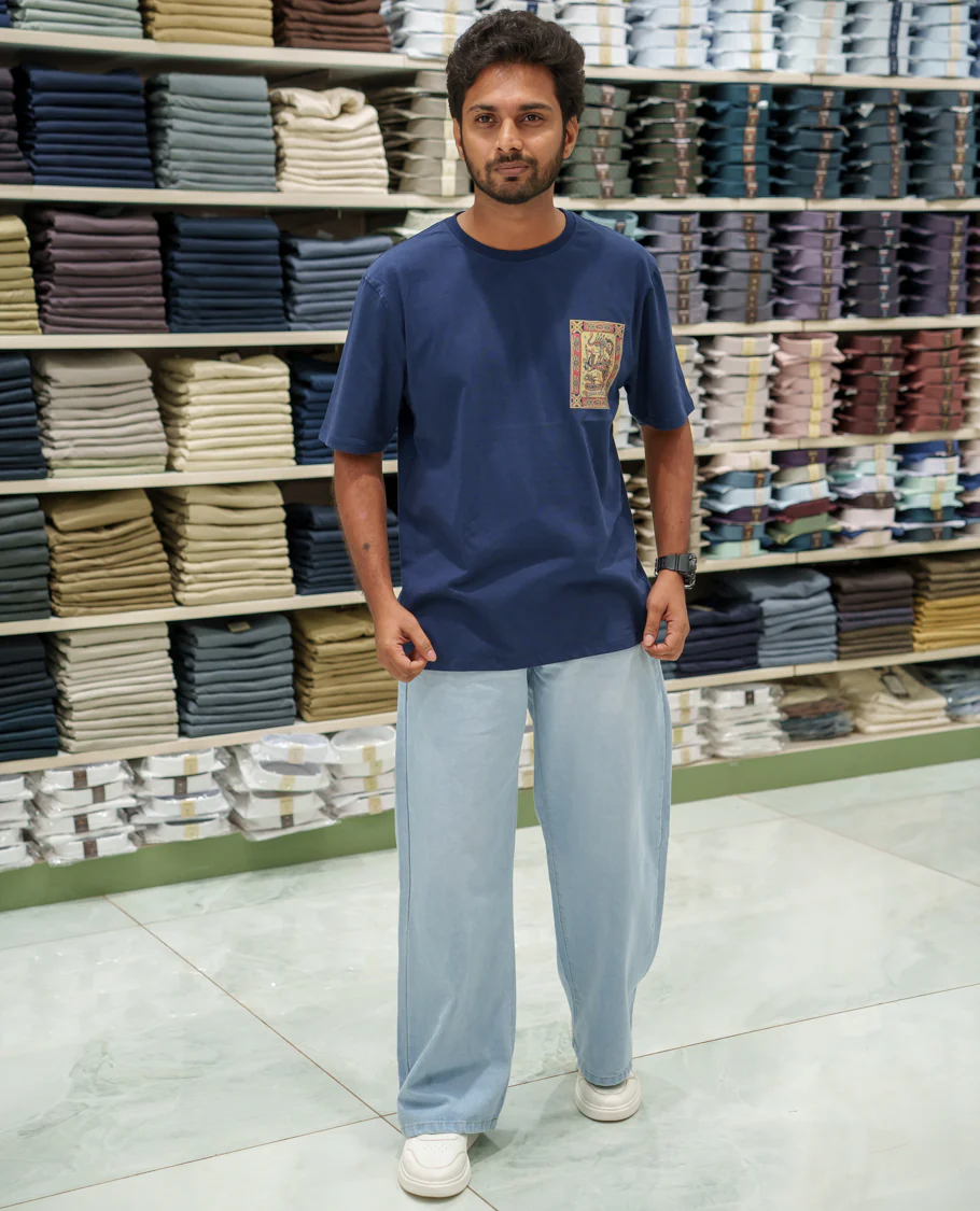 Navy Cotton-Blended T-Shirt Comes with an Tribe-Motifs Back Print, Crew Neck, Half Sleeves, Oversized Fit, and Regular Length - Image 3