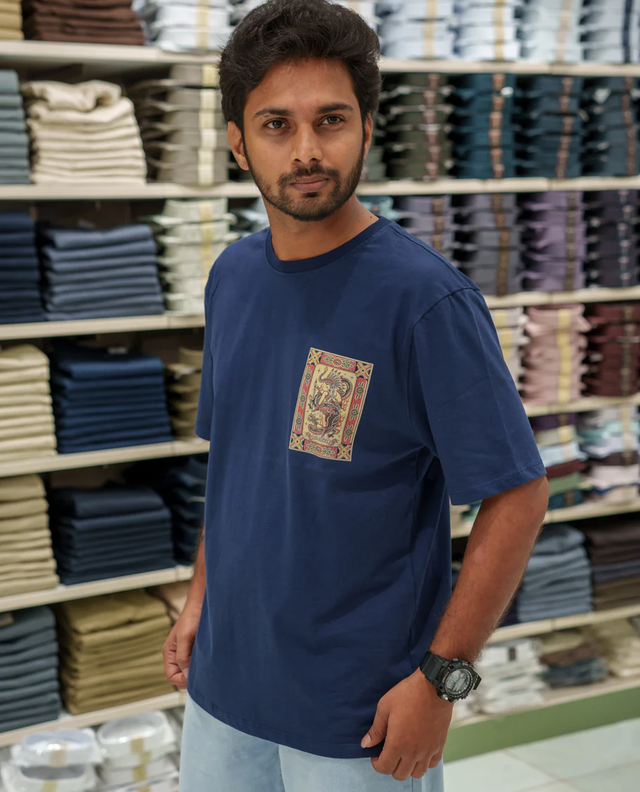 Navy Cotton-Blended T-Shirt Comes with an Tribe-Motifs Back Print, Crew Neck, Half Sleeves, Oversized Fit, and Regular Length - Image 4