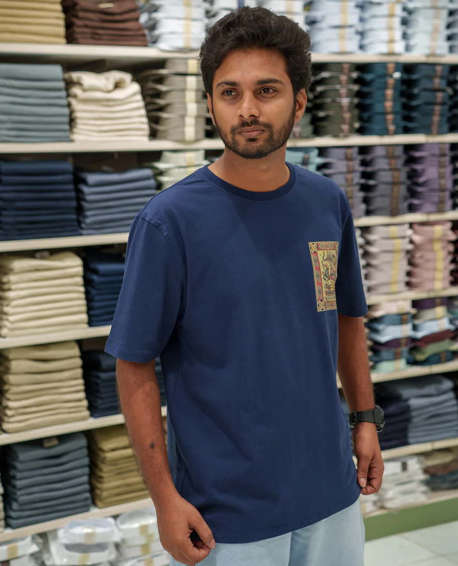 Navy Cotton-Blended T-Shirt Comes with an Tribe-Motifs Back Print, Crew Neck, Half Sleeves, Oversized Fit, and Regular Length - Image 5