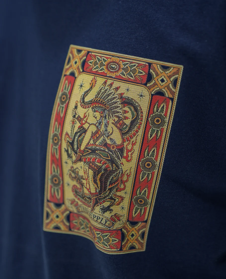 Navy Cotton-Blended T-Shirt Comes with an Tribe-Motifs Back Print, Crew Neck, Half Sleeves, Oversized Fit, and Regular Length - Image 6