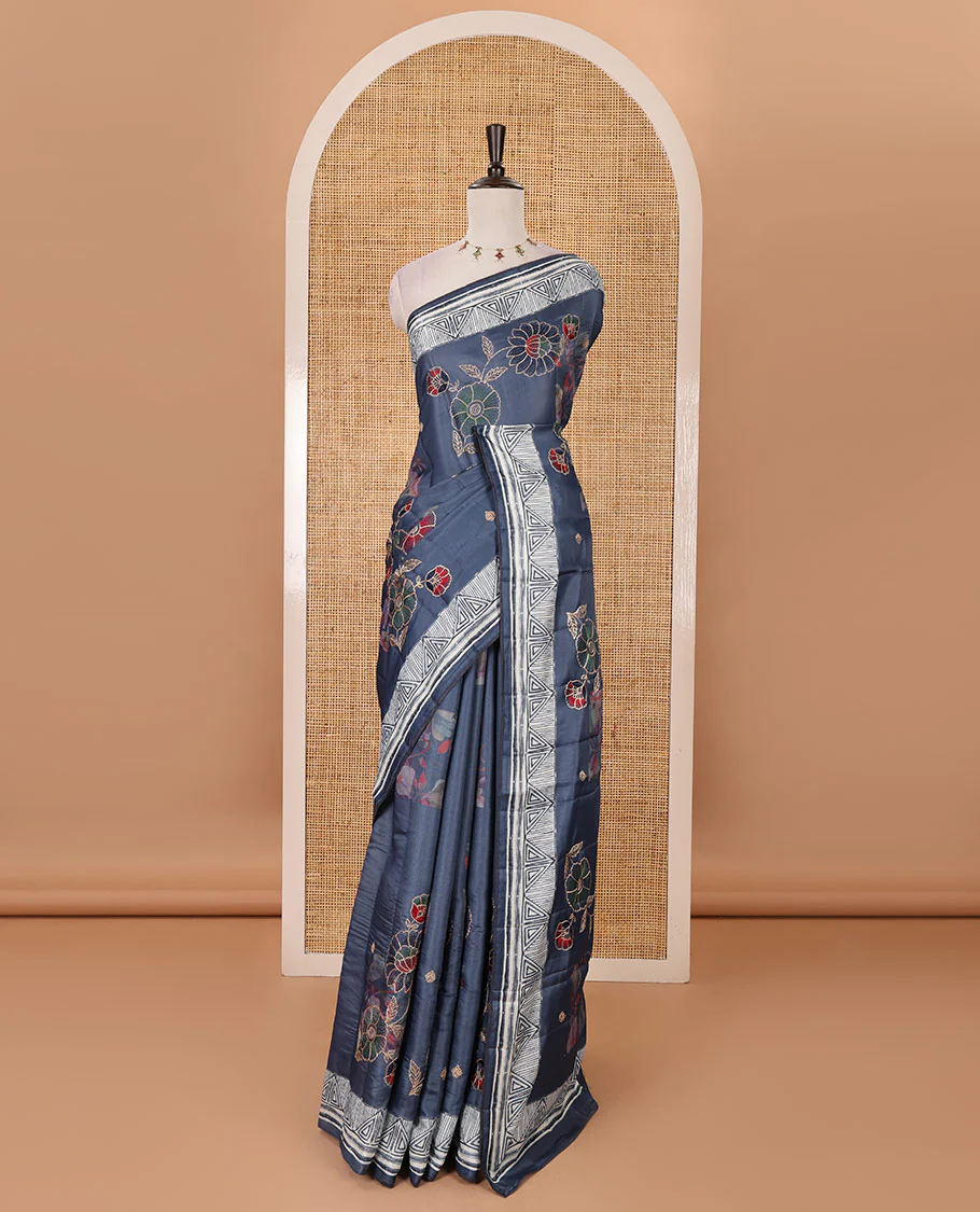 Navy floral print & multi-color floral thread embroidered fancy tussar silk saree, triangle motif print & embroidered border & matching blouse of print & embroidery - Image 2