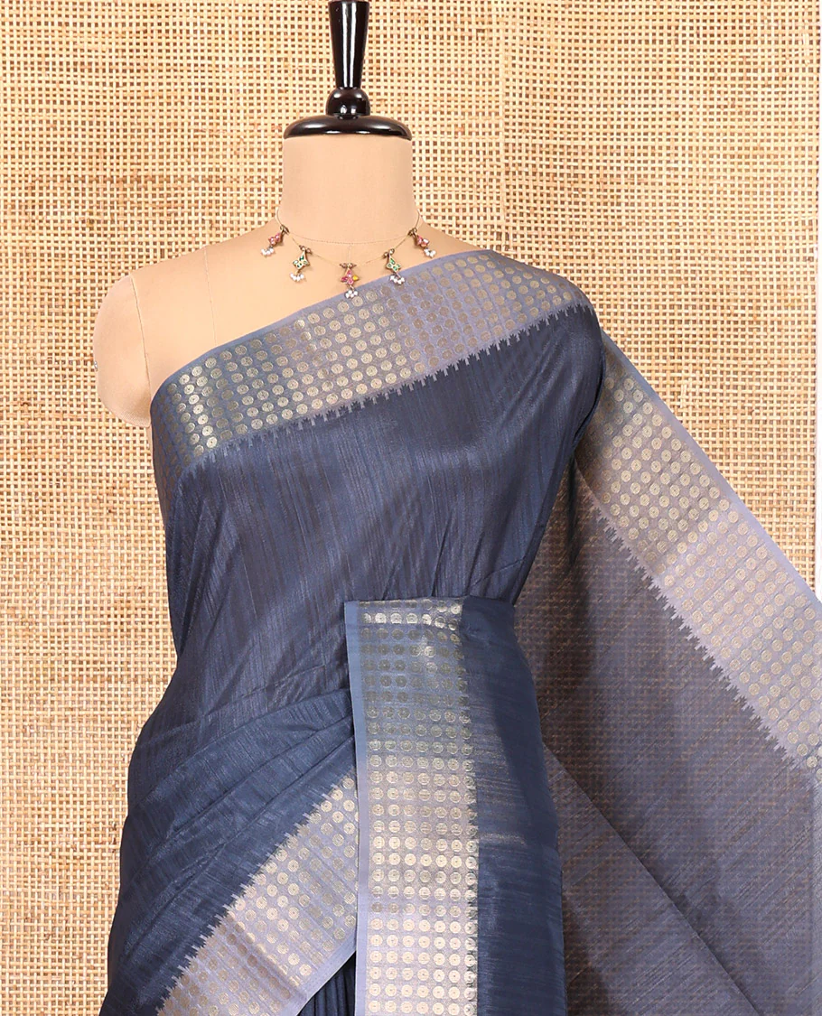 Navy Plain Matka Silk Fancy Saree , Small Polka Dots Woven Temple contrast Border, Pallu Steeped with Polka Dots, and Paired with a Patola-Style Floral Printed Blouse - Image 2