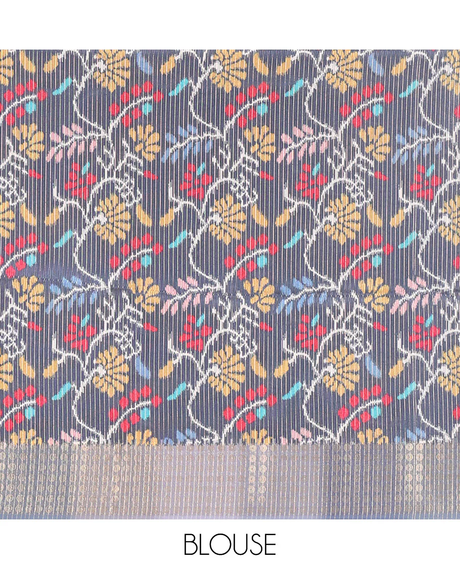 Navy Plain Matka Silk Fancy Saree , Small Polka Dots Woven Temple contrast Border, Pallu Steeped with Polka Dots, and Paired with a Patola-Style Floral Printed Blouse - Image 4