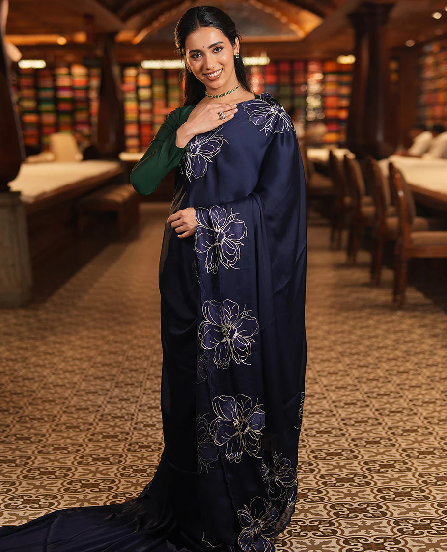 Navy Satin Organza Saree, Steeped in the Prettiness of Floral Embroidery, Floral Embroidered Scallop Border, and a Matching Blouse