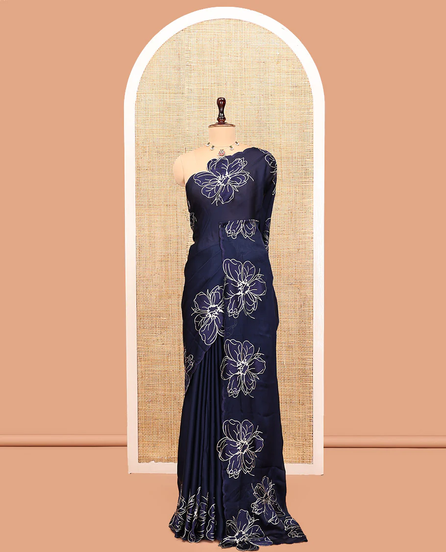 Navy Satin Organza Saree, Steeped in the Prettiness of Floral Embroidery, Floral Embroidered Scallop Border, and a Matching Blouse - Image 8