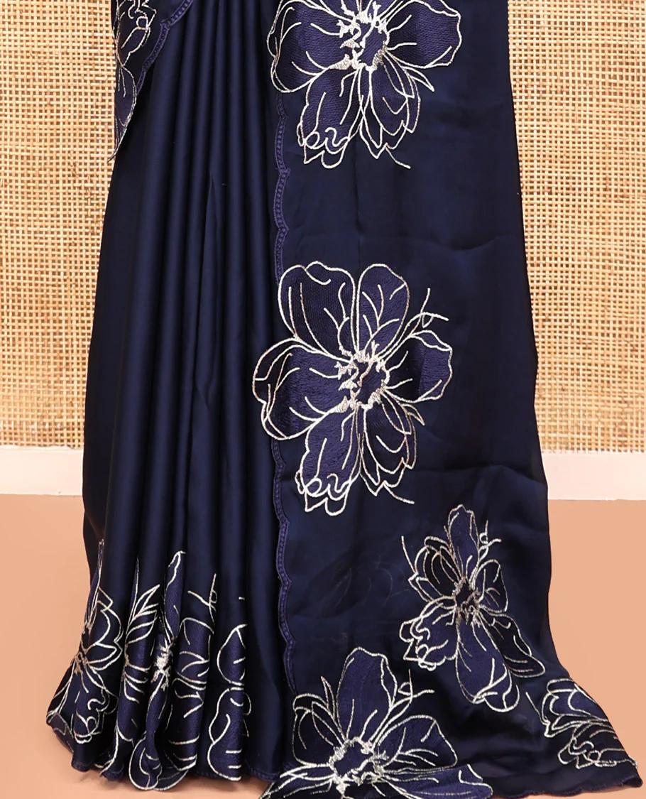 Navy Satin Organza Saree, Steeped in the Prettiness of Floral Embroidery, Floral Embroidered Scallop Border, and a Matching Blouse - Image 9